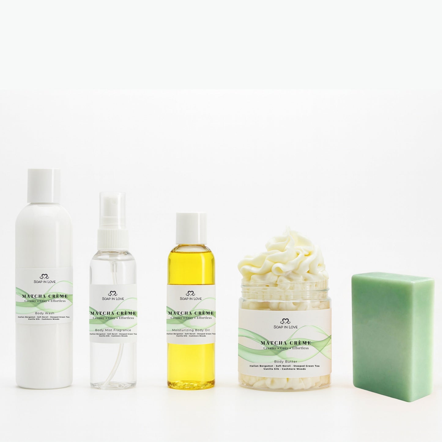 Match Créme Set of skincare products including bottles, a jar, and soap on a white background