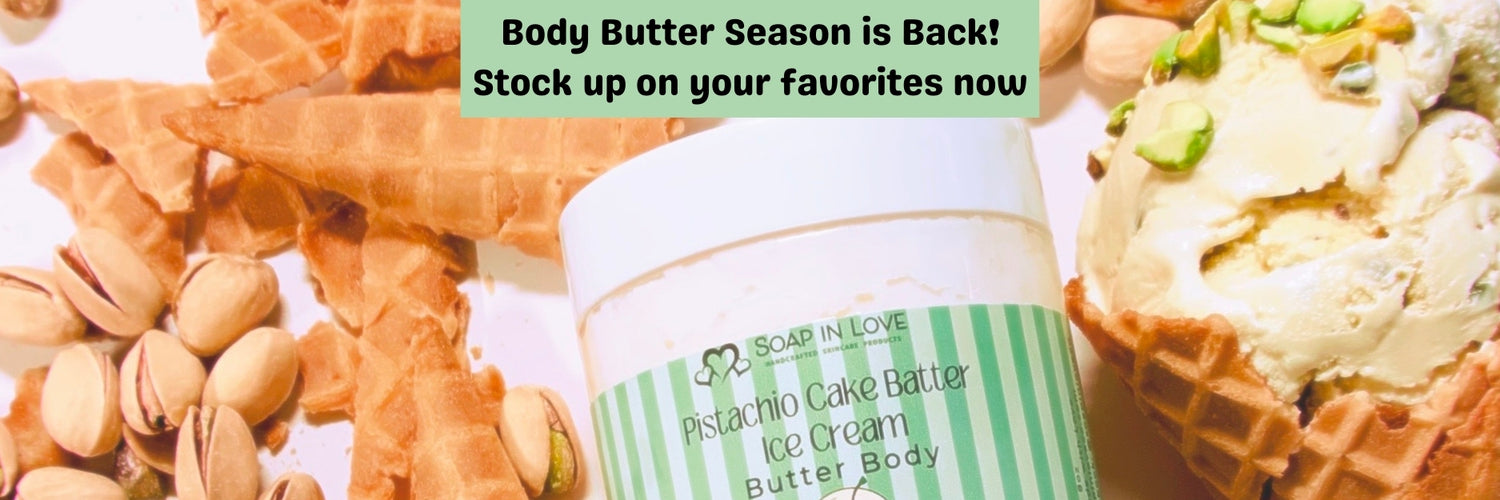 Pistachio ice cream body butter with waffle cones and pistachios on a white background
