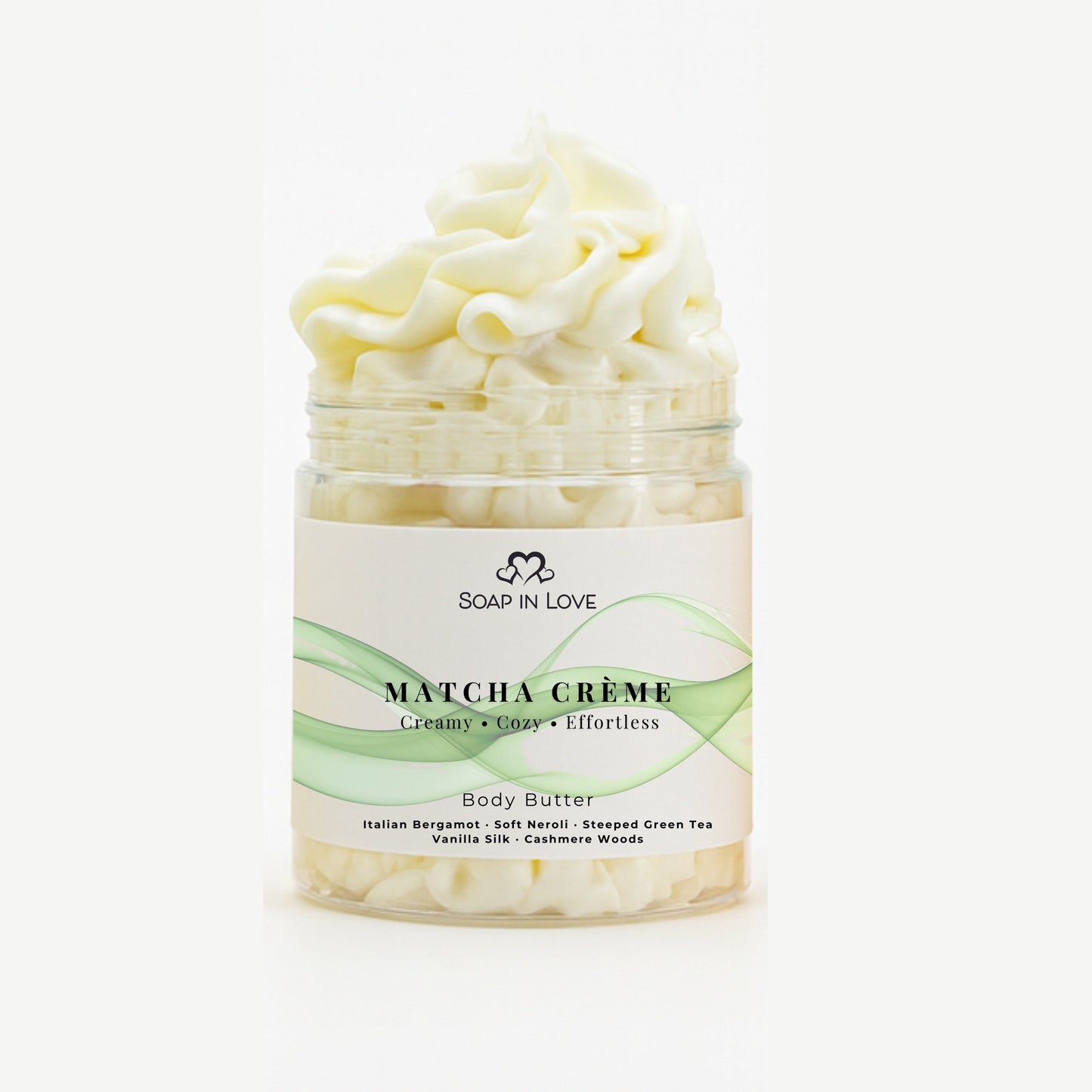 Jar of Soap in Love Matcha Creme body butter on a white background