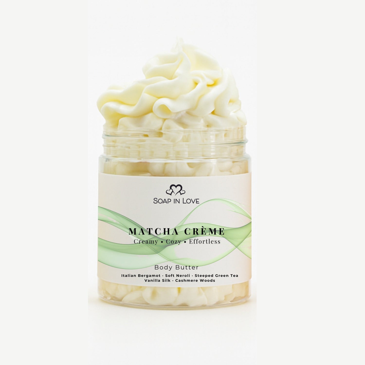 Jar of Soap in Love Matcha Creme body butter on a white background