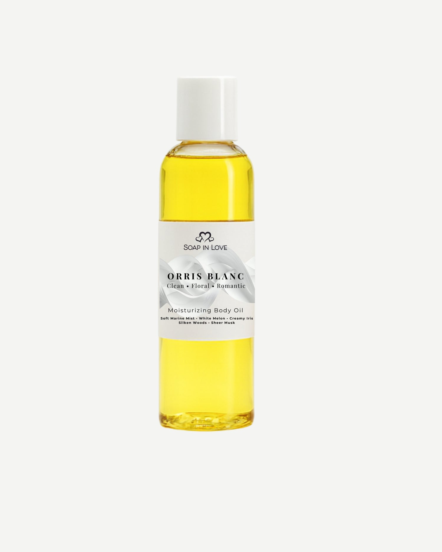 Orris Blanc bottle of moisturizing body oil on a white background