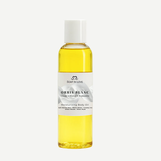 Orris Blanc bottle of moisturizing body oil on a white background